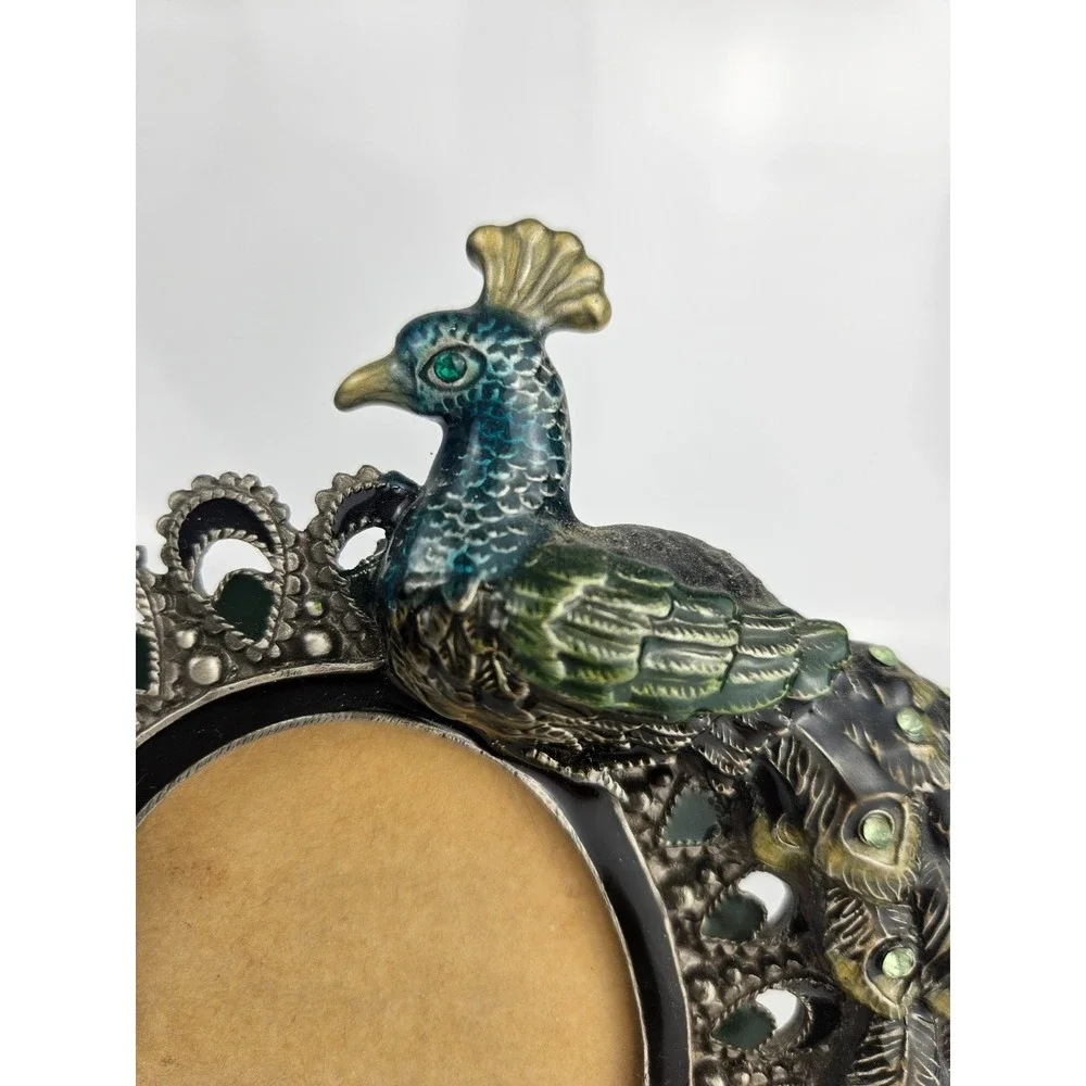 Pier1 Imports Peacock Figural Enamel Rhinestone Photo Frame Oval 2.5x3.5 Jeweled